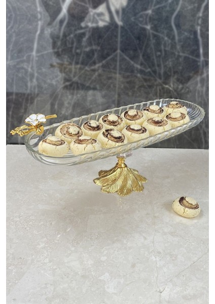 Gold Ayaklı Oval Cam Sunumluk Servislik Tabak& Kand Serisi