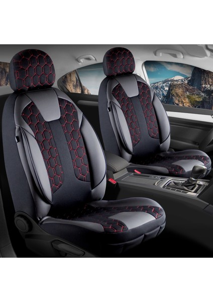 fiat Palio Uyumlu Deri Detaylı Oto Koltuk Kılıfı Ön Arka Set Cyrus Model Siyah Kırmızı Fs
