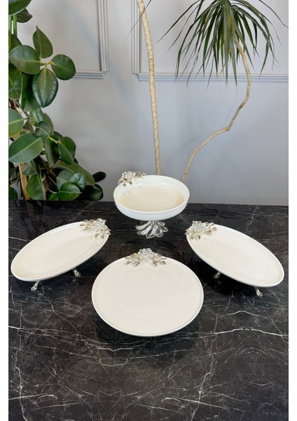 4 Parça Bron Gümüş Porselen Sofra Sunum Servis Seti & Yemek Tabağı Salata Kasesi Oval Meze Tabağı fiyatları