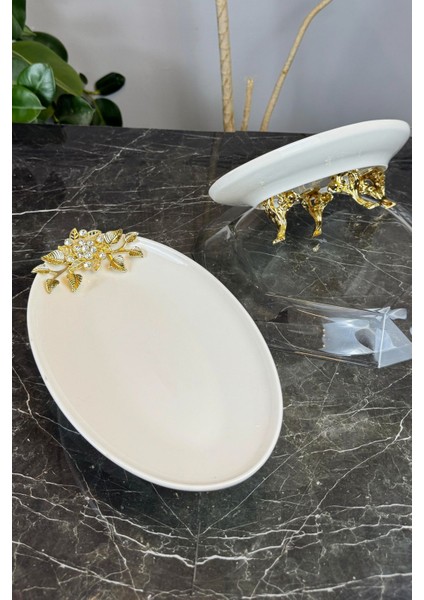Bron 2'li Oval Porselen Sunumluk Tabak & Ayaklı Tabak