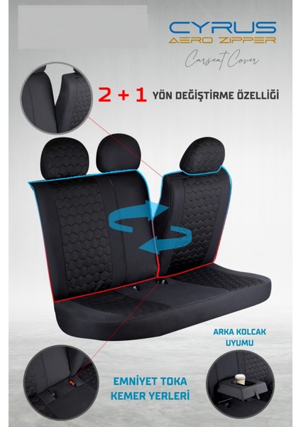 suzuki Swift Uyumlu Deri Detaylı Oto Koltuk Kılıfı Ön Arka Set Cyrus Model Siyah Fs