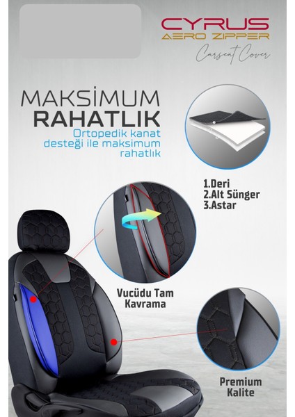 suzuki Swift Uyumlu Deri Detaylı Oto Koltuk Kılıfı Ön Arka Set Cyrus Model Siyah Fs