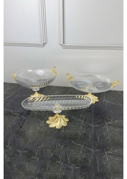Santa Gold Kand Ayaklı Kulplu Cam Sunumluk Sofra Seti Kase Tabak Oval Tepsi Servis Sunum Seti