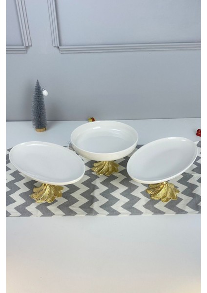 3'lü Porselen Kand Ayaklı Sofra Sunum Tabağı Seti & Meze Yemek Tatlı Salata Sunumluğu