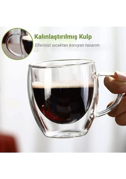 Çift Camlı Çift Cidarlı El Yapımı Cam Kupa Ev Ofis Fincanı 250 ml Çift Katlı Isı Yalıtımlı Kulplu Cam Bardak