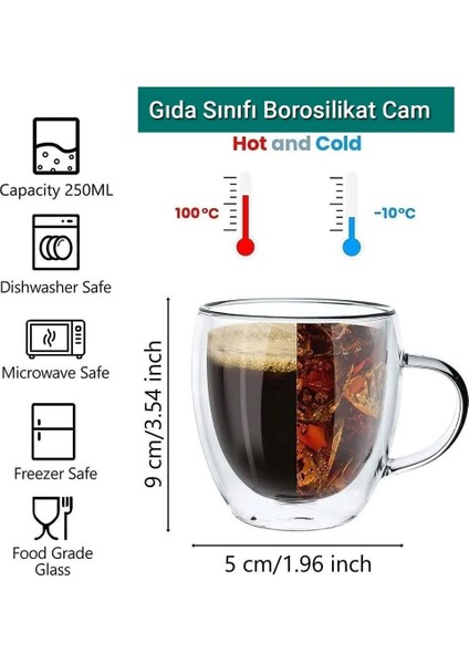Çift Camlı Çift Cidarlı El Yapımı Cam Kupa Ev Ofis Fincanı 250 ml Çift Katlı Isı Yalıtımlı Kulplu Cam Bardak