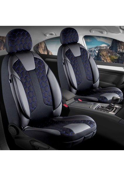 Isuzu D-Max Uyumlu Deri Detaylı Oto Koltuk Kılıfı Ön Arka Set Cyrus Model Siyah Mavi Fs
