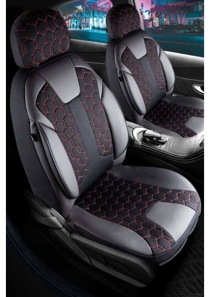 Fiat Egea Cross Uyumlu Deri Detaylı Oto Koltuk Kılıfı Ön Arka Set Cyrus Model Siyah Kırmızı Fs