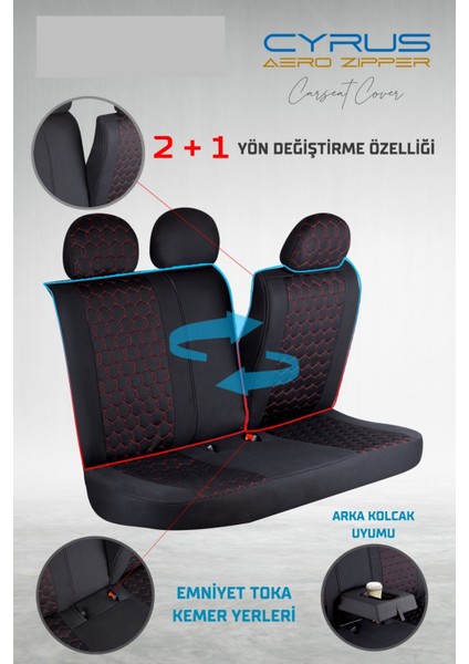 Fiat Egea Cross Uyumlu Deri Detaylı Oto Koltuk Kılıfı Ön Arka Set Cyrus Model Siyah Kırmızı Fs