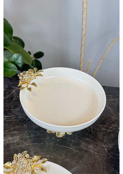 4 Parça Bron Gold Porselen Sofra Sunum Servis Seti & Yemek Tabağı Salata Kasesi Oval Meze Tabağı