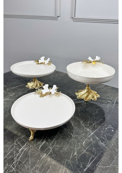 White Butterfly 3'lü Porselen Sunum Servis Seti & Kand Ayaklı Kase Tabak