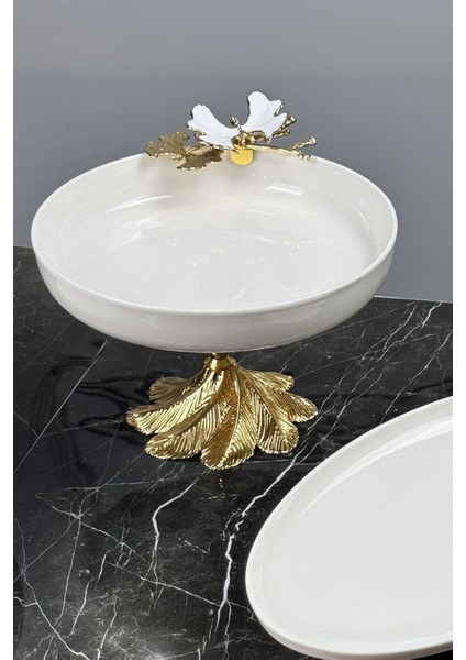 White Butterfly 3'lü Porselen Sunum Servis Seti & Kand Ayaklı Kase Tabak
