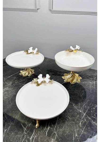 White Butterfly 3'lü Porselen Sunum Servis Seti & Kand Ayaklı Kase Tabak