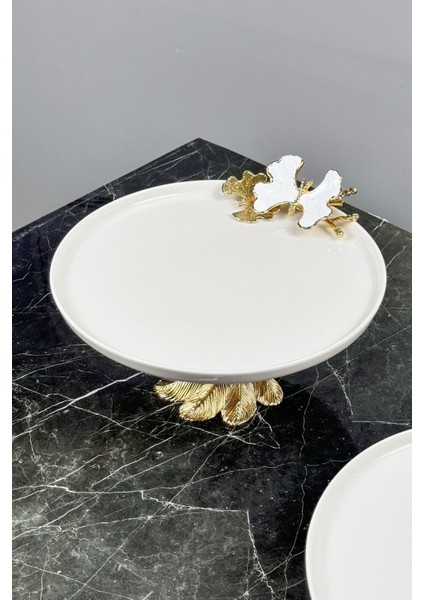 White Butterfly 3'lü Porselen Sunum Servis Seti & Kand Ayaklı Kase Tabak