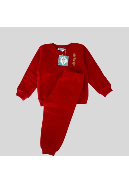 3 Iplik Şardonlu Unisex Baskılı Kırmızı Bebek Eşofman Takımı