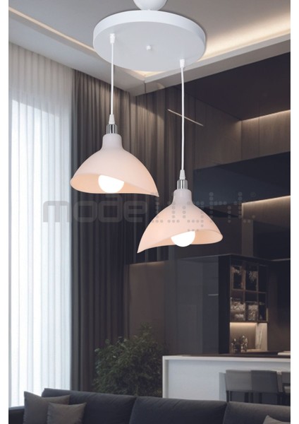 2'li Opal Beyaz Avize Takımı, Modern ve Şık Aydınlatma Seti, 44x70 cm