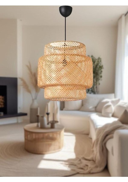 Rattan 30 cm Avize, Bambu, Modern, 3Ampul, 70x16, Bohem, İskandinav Tarzı, Bej