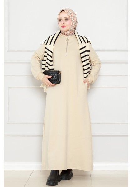 Önü Fermuar Detaylı Iki Iplik Elbise-Bej