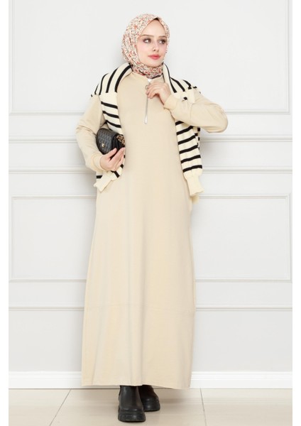 Önü Fermuar Detaylı Iki Iplik Elbise-Bej fiyatları