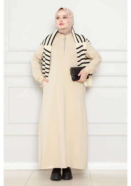 Önü Fermuar Detaylı Iki Iplik Elbise-Bej modelleri