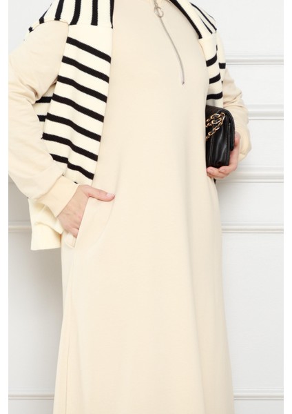 Önü Fermuar Detaylı Iki Iplik Elbise-Bej fırsatları