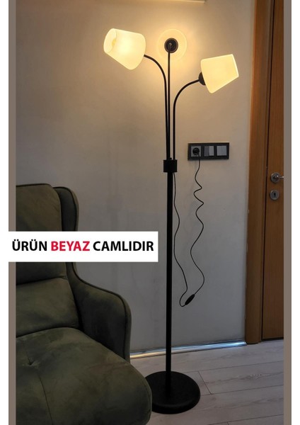Zambak 3 Lü Siyah Tasarım Metal Ayaklı Lambader Ermando Cam Oturma Odası-Salon Lambader
