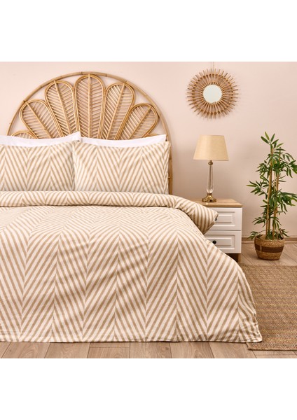 Soft Herringbone Çift Kişilik Nevresim Takımı - Ekru / Taş