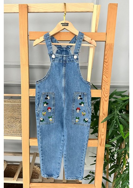 Karakter Baskı Detaylı Unisex Çocuk kot salopet - Mavi
