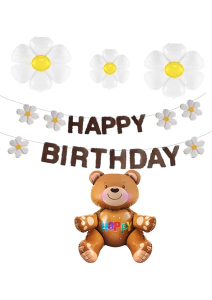 Kahverengi Eva Happy Bırthday,papatya Folyo Balon ve Oturan Ayı Folyo Balon Seti