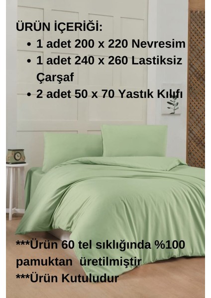 Açık Yeşil Renkli %100 Pamuklu Life Style Ranforce Çift Kişilik Nevresim Takımı