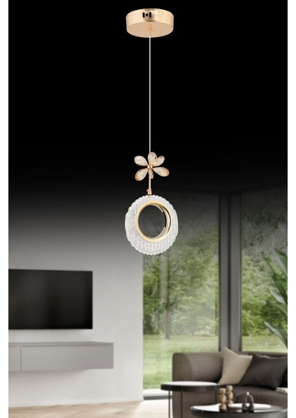 Halka Tekli Gold 3 Renk Ledli Kristal Taşlı Modern LED Avize