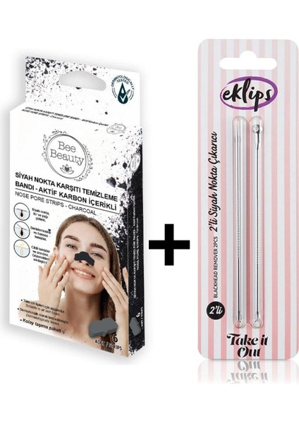 Bee Beauty Siyah Nokta Bandı ve 2 Li Siyah Nokta Çıkarıcı Aparat Paslanmaz Çelik Komedon  Akne Iğne Aracı Çıkartıcı Set