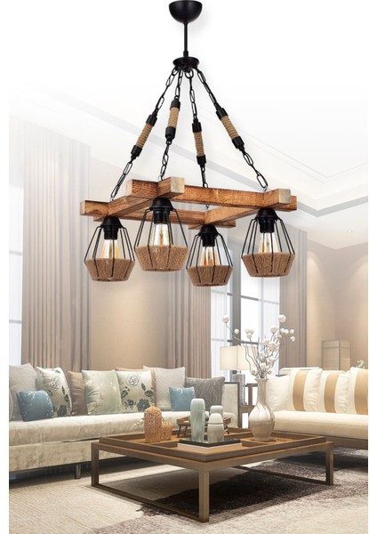 Şık 4'lü ahşap sarkıt avize, modern tasarım, siyah renk, sıcak ve zarif atmosfer sağlar