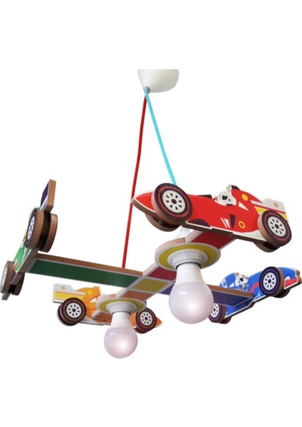 Ahşap Formula Araba Çocuk Odası Asma Lambası, Eğlenceli ve Şık Tasarım, 30x60 cm