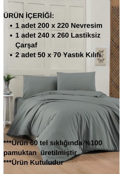 Koyu Gri Renkli %100 Pamuklu Life Style Ranforce Çift Kişilik Nevresim Takımı