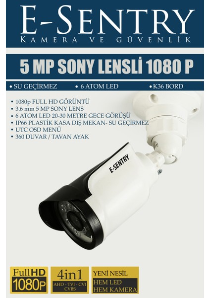 5 Kameralı 5mp 1080P Gece Görüşlü 500GB Uzaktan Izlemeli Sony Lensli Güvenlik Kamera Seti