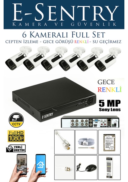 6 Kameralı Gece Renkli Full Color Warm LED 5mp Sony Lensli Uzaktan Izlemeli Güvenlik Kamera Seti