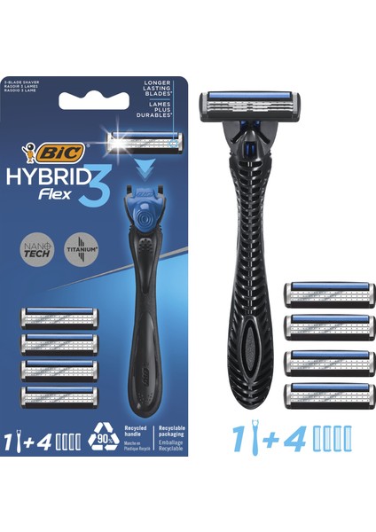 Flex 3 Hybrid 3 Bıçaklı Erkek Tıraş Bıçağı, 1 Sap + 12 Yedek Başlık, 12 Aylık Paket