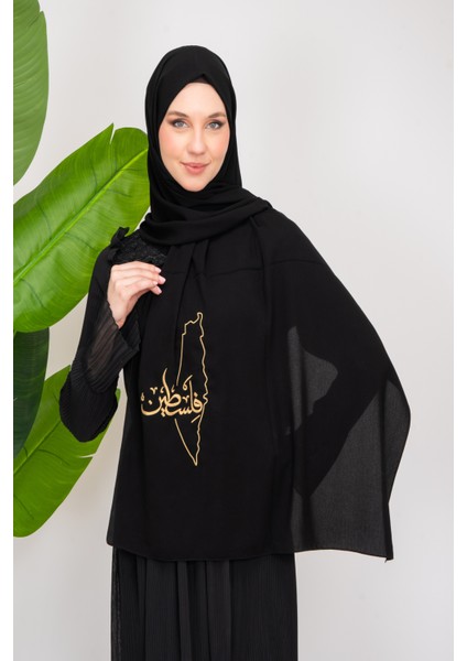 Black Polyester Shawl With Palestine Map Embroidery And The Word Palestine In Gold S100026