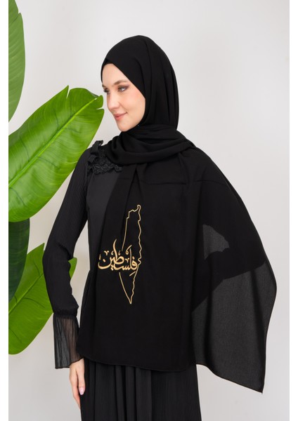 Black Polyester Shawl With Palestine Map Embroidery And The Word Palestine In Gold S100026