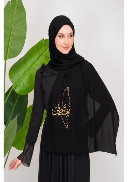 Black Polyester Shawl With Palestine Map Embroidery And The Word Palestine In Gold S100026