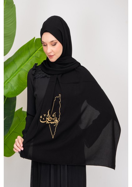 Black Polyester Shawl With Palestine Map Embroidery And The Word Palestine In Gold S100026