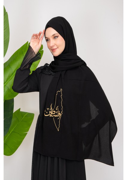 Black Polyester Shawl With Palestine Map Embroidery And The Word Palestine In Gold S100026