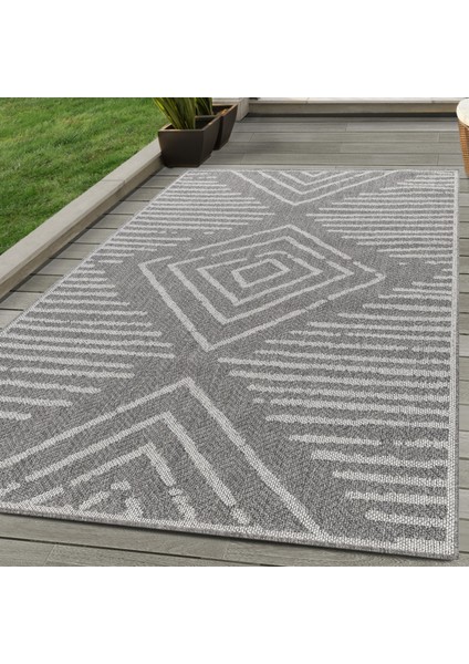 Dış Mekan Balkon Teras Halısı Sisal Hasır Görünümlü Çizgi Karo Desenli Gri Halı