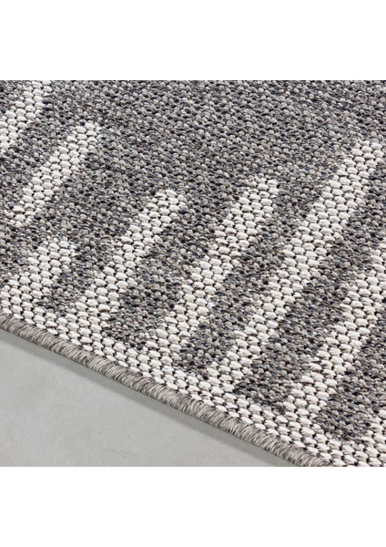 Dış Mekan Balkon Teras Halısı Sisal Hasır Görünümlü Çizgi Karo Desenli Gri Halı fırsatları
