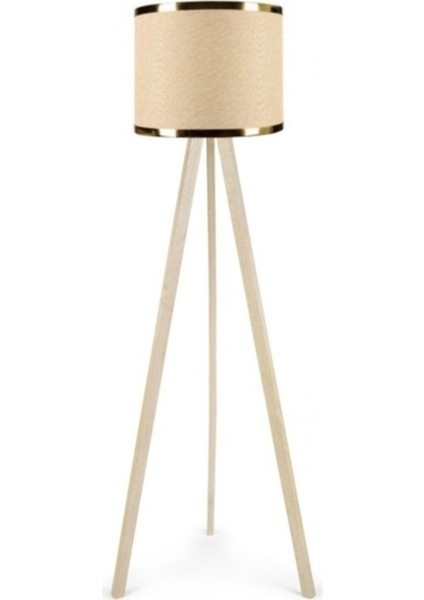 Şık Ahşap Üç Ayaklı Tripod Lambader, Kumbeji Kumaş, Beyaz Renk, Yerden Yükseklik 101-150cm