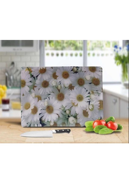 Cam Kesme Tahtası Beyaz Papatyalar 30 x 40
