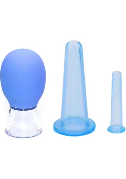 Mini Silikon Vakumlu Mika Yüz Masaj Kupası 3'Lü Karışık Set Mavi Renk