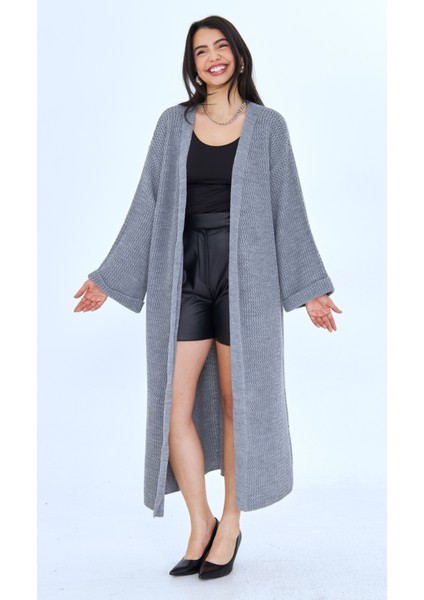 Örgülü Oversize Uzun Kadın Hırka