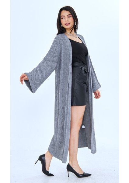 Örgülü Oversize Uzun Kadın Hırka